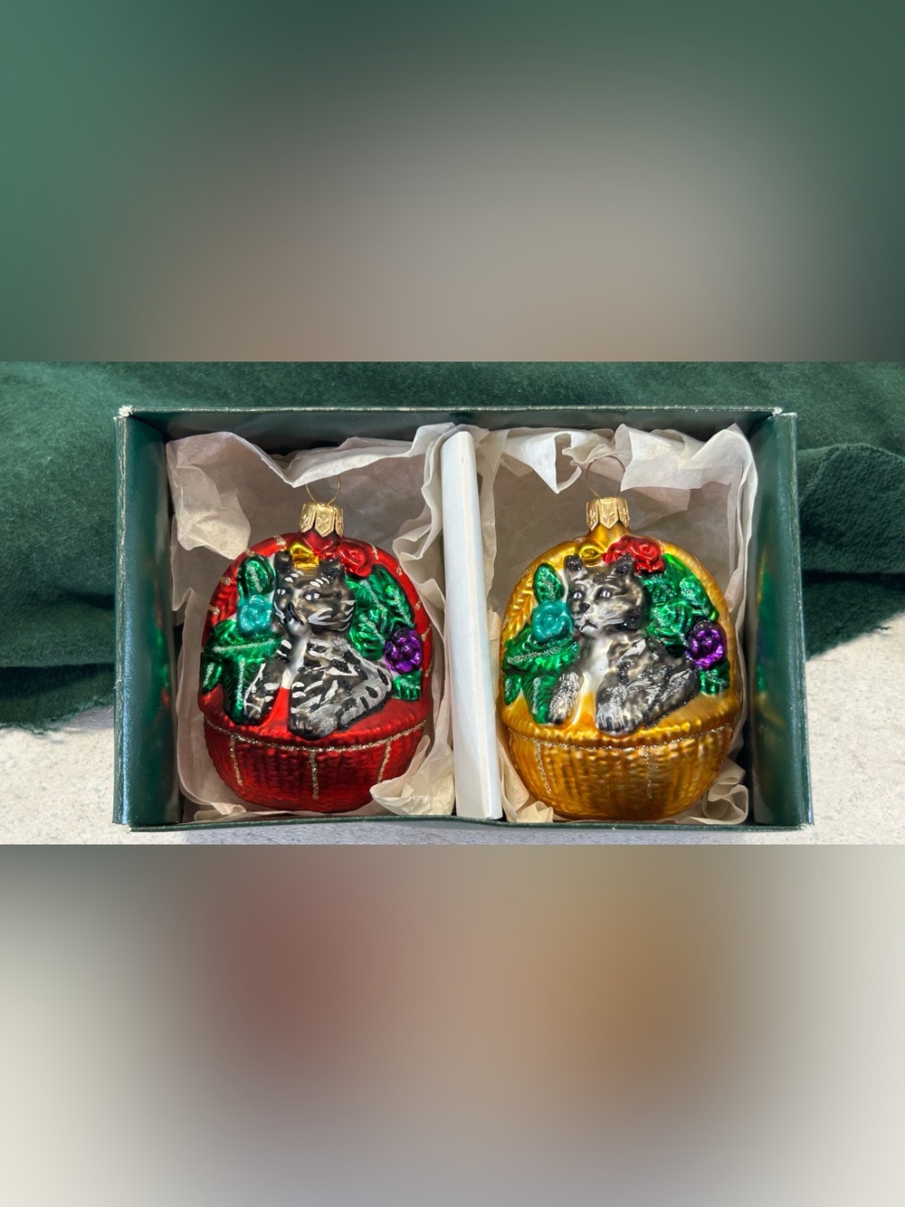 Vintage Set of Mouth-Blown Hand-Painted Impuls Glass Cat Christmas Ornaments